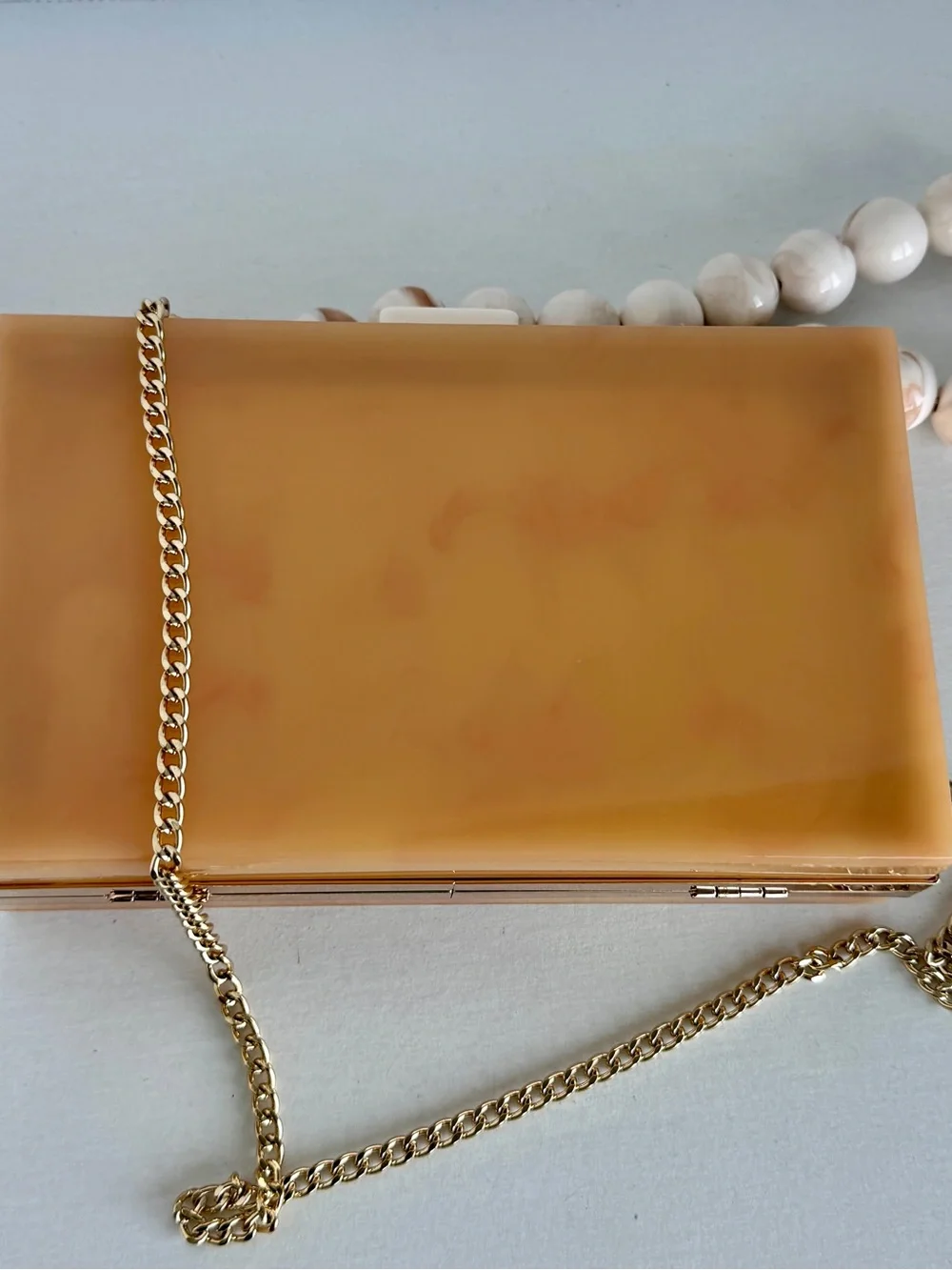 Zara Acrylic Box Clutch with Ivory Bead Strap, Caramel-Brown - Picture 2 of 8